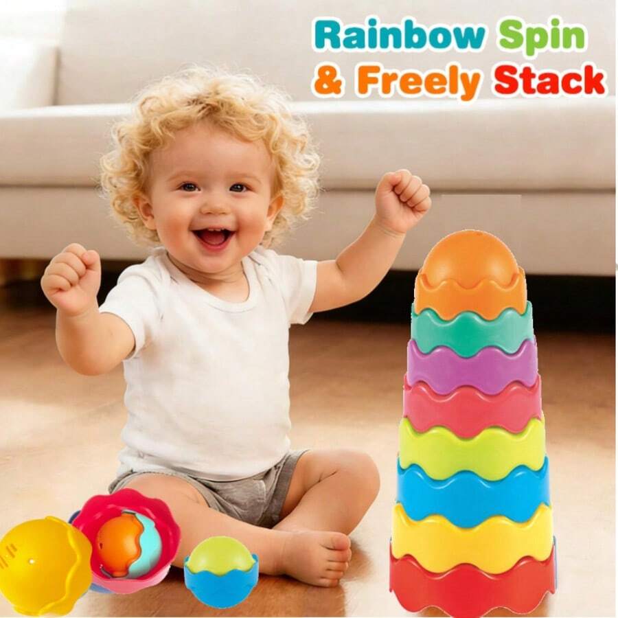8pcs Rainbow Rotating Stacking Cups Toy, Educational Ring Stacking, Free Stacking, Develop Fine Motor Skills And Sensory Learning, Random Colors, Perfect Gift For Baby - Multicolor - View 1