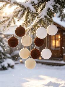 16pcs Flocked Christmas Ball Decorations Set, Christmas Flocked Balls, Warm Tone Flocked Christmas Decorations, Holiday Pre-Strung Hanging Decorations, Shatterproof Plastic Christmas Tree Ornament Set, Wedding Party Decorations - Khaki Off-white - View 4