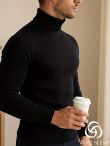Men's Autumn/Winter Fashion Casual 12-Gauge Slim Fit Regular Shoulder High Neck Wool Blend Long Sleeve Sweater - Black - View 2