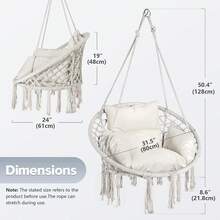 Hamaca Colgante de Cuerda Blanca 208x102 cm| Silla Colgante Circular de Macramé con Cojines Incluidos para Recámara Porche y Balcón| Resistente hasta 330 Libras con Diseño Bohemio| Fácil de Colgar - Blanco - Ver 5