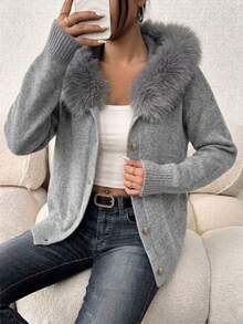 Plus Size Women's Fuzzy Collar Button-Up Knit Cardigan Sweater Jacket, Loose Fit Flattering Casual Everyday Versatile Top - Grey - View 2