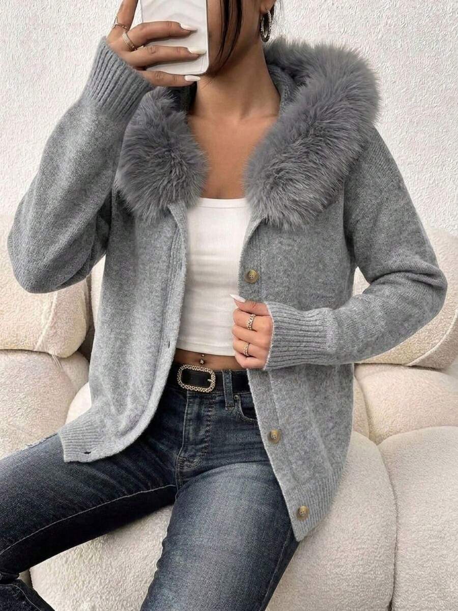 Plus Size Women's Fuzzy Collar Button-Up Knit Cardigan Sweater Jacket, Loose Fit Flattering Casual Everyday Versatile Top