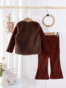 Baby Girl Autumn/Winter 3-Piece Set, Brown Ribbed Long Sleeve Top Paired With Matching Flared Pants, Outer Layer With Bow-Decorated Plush Vest, Soft Fabric In Deep Brown Color, Elegant And Sophisticated Look, Perfect For Autumn/Winter Outfits - Coffee Brown - View 4