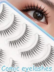 5 Pairs Pointed Tail Cartoon Eye Invisible Stem False Eyelashes, Wet Tip Girl Group Style, Natural Curl, Defined Strands, Fresh Sweet Korean-Japanese Big Eye Look, Soft Lightweight Faux Mink Hair - Black - View 2