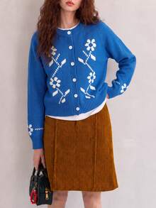 Women's Vintage Blue Knit Cardigan, White Floral Pattern, Round Neck Long Sleeve Button Sweater, Regular Fit Winter Coat - Blue - View 4