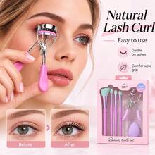 6pcs Makeup Tool Set, Includes 4 Makeup Brushes, Eyelash Curler, Compact Beauty Essentials Kit, Suitable For Face, Eyes And Daily Makeup, Pink/Lavender Purple - Multicolor - View 3