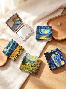 1PC Van Gogh Series Portable Vanity Mirror, Foldable Lightweight Ultra-Thin Convenient Hand Mirror, Durable PU Leather, Suitable For Multiple Scenarios And All People, Foldable Small Square Mirror, Pocket Mirror, Fresh Abstract Starry Sky Sunflower Sun Pattern Design, Exquisite Delicate Foldable Structure, Durable Reliable Drop-Resistant, Easy To Carry, Handheld Makeup Mirror, 180° Flip Cover Multifunctional - Multicolor - View 1