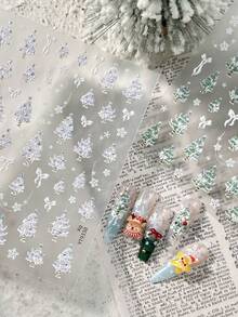 5D Embossed Christmas Tree Nail Stickers, Sweet Pink Lace Xmas Tree With Rhinestone Star Bow Snowflake Self-Adhesive Nail Art Decals Winter Holiday Manicure DIY Decorations - Multicolor - View 1