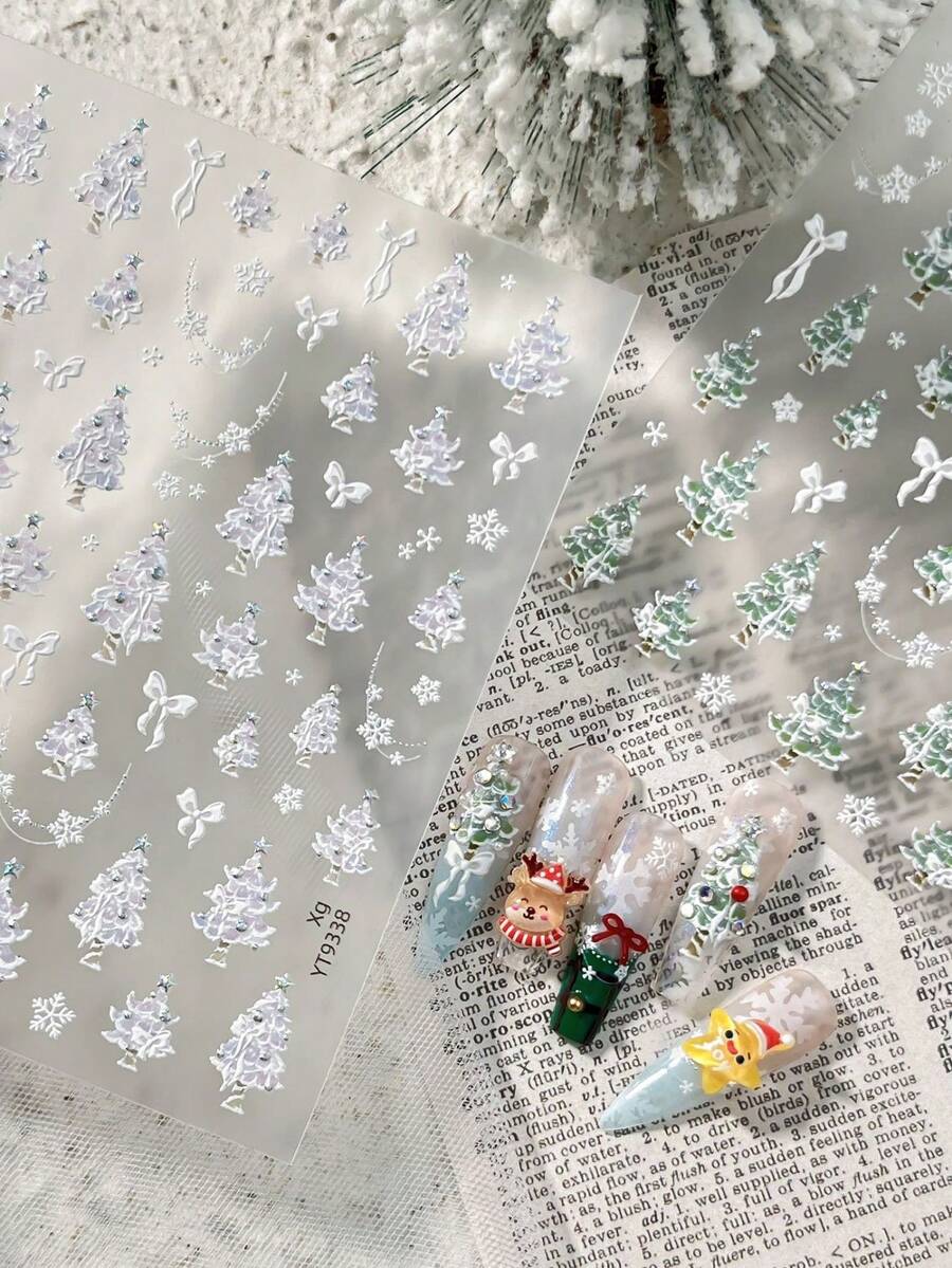 5D Embossed Christmas Tree Nail Stickers, Sweet Pink Lace Xmas Tree With Rhinestone Star Bow Snowflake Self-Adhesive Nail Art Decals Winter Holiday Manicure DIY Decorations - Multicolor - View 1