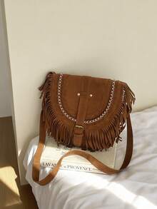 Faux Suede Tassel Bag Vintage Brown Retro Versatile Bohemian Crossbody Bag - Brown - View 2