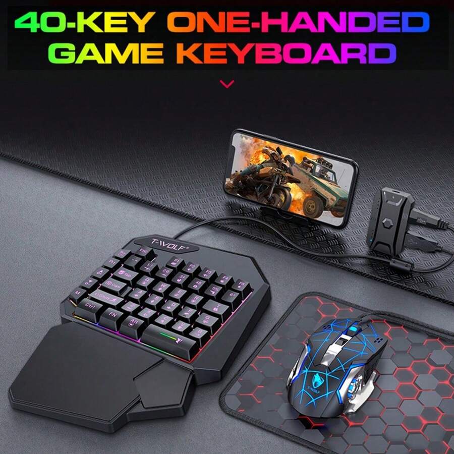 Single-Handed Keyboard Combined With Gaming Mouse, Compatible With Android, 35 Game-Specific Keys, RGB Lighting, Membrane Keyboard, Ergonomic Design, Automatic Pressing Function, Long-Lasting Comfort, Small Left-Handed Mouse Set