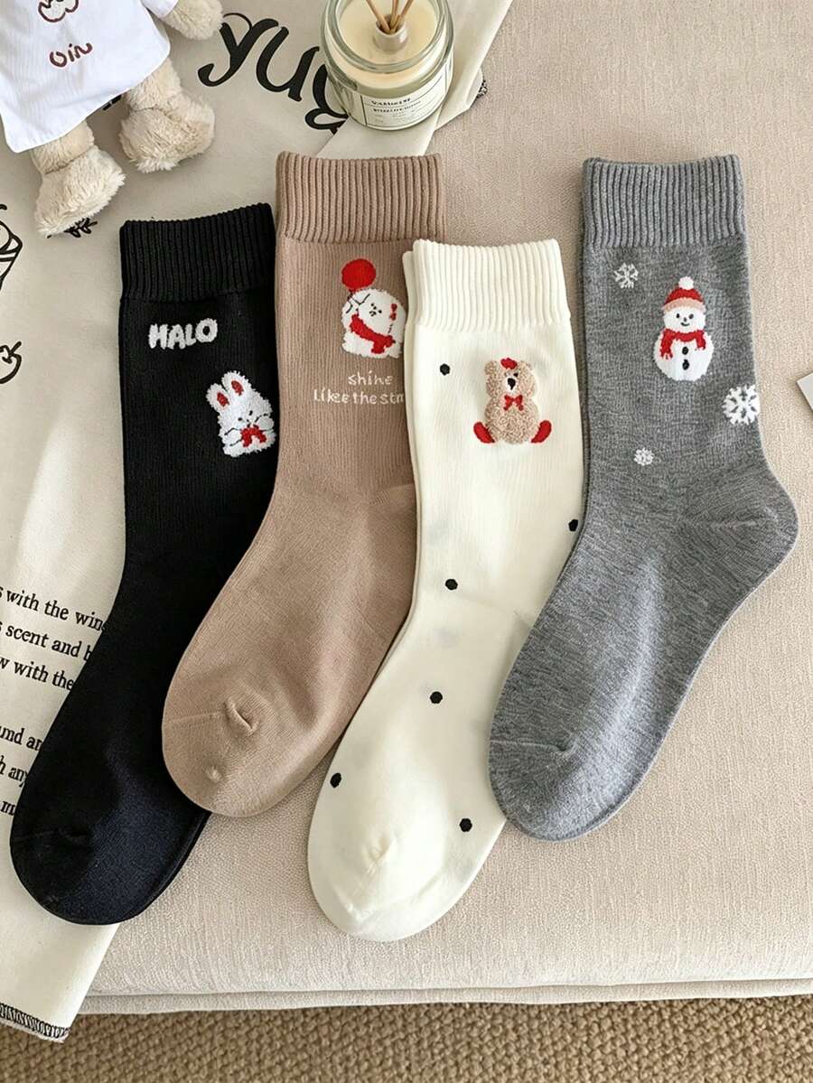 1/4/8 Pairs Christmas Snowman Themed Socks, Fashionable & Versatile, Suitable For All Seasons, Thick Warm & Comfortable Calf Socks - Multicolor - View 1