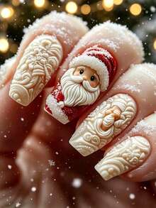 Christmas Medium-Long 24pcs Glossy White Santa Claus Pattern Fake Nails, Removable And Reusable Nail Stickers, Convenient For Travel, Parties, Events And Holidays - White - View 2