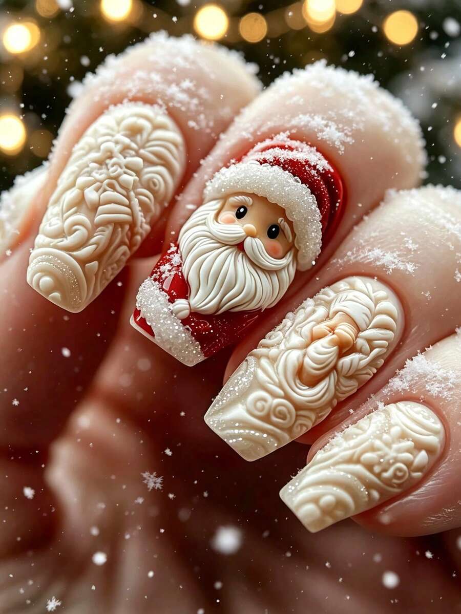 Christmas Medium-Long 24pcs Glossy White Santa Claus Pattern Fake Nails, Removable And Reusable Nail Stickers, Convenient For Travel, Parties, Events And Holidays