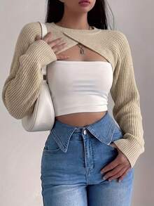 JustMiss Atasan Rajut Lengan Panjang Leher Bulat Wanita Model Crop dengan Desain Bahu Terbuka dan Detail Silang, Gaya Hot Girl Eropa dan Amerika, Musim Semi dan Gugur - Khaki - View 6