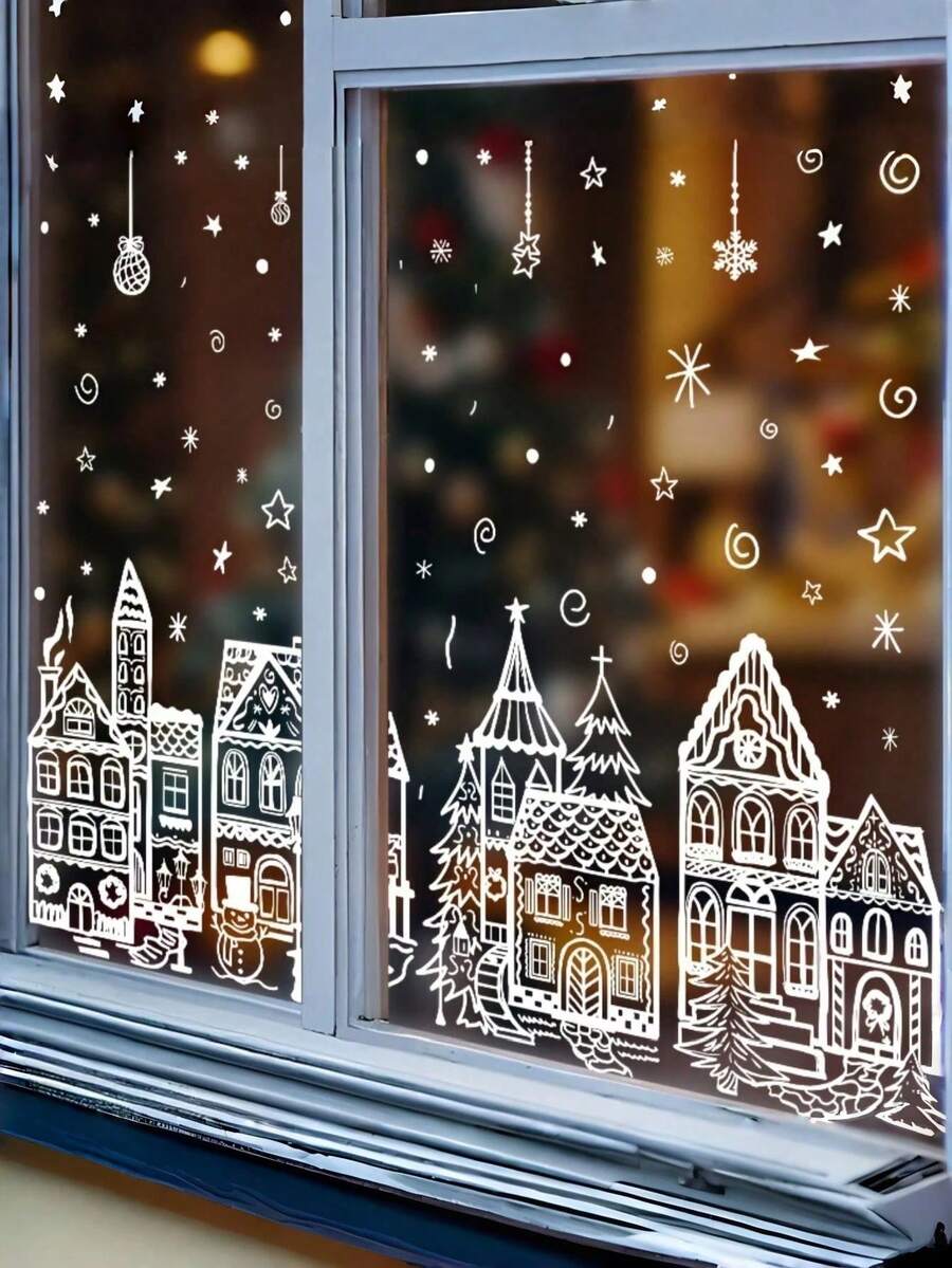 Christmas Window Stickers, Snow House And Snowflake Patterns, Static Adhesion Reusable Waterproof, Easy To Peel And Apply, Suitable For Glass Doors, Store Windows, Home, Office, Cafe, Holiday Party Decoration - Multicolor - View 1