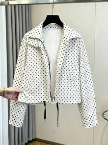 Women's Polka Dot Varsity Jacket With Stand Collar And Drawstring Hem, Long Sleeve Full Zip Fall Casual Outerwear - White - View 2