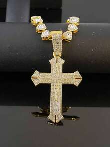 European And American Hip Hop Full Rhinestone Cross Pendant Necklace, Heart-Shaped Rhinestone Chain Men's Cool Accessory, Street Style Personalized Jewelry Gift - Cross Pendant Necklace - View 7