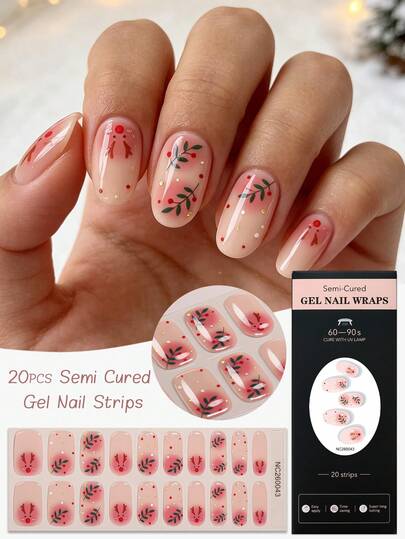 Beauty Sticker 20pcs Christmas Reindeer Cured Gel Nail Strips, Red Holly Leaf Polka Dot Festive Self-Adhesive Gel Nail Wraps, Perfect For Women's Jul Party DIY Nail Art Gift