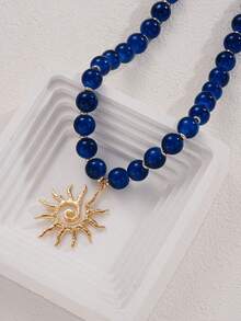 3/2/1pc Vintage Elegant Bohemian Style Women's Metal Sunflower Pendant And Blue Beaded White Pearl Necklace Set, Suitable For Women's Vacation, Date, Layering Wear, Holiday Gift Perfect Choice - Multicolor - View 5