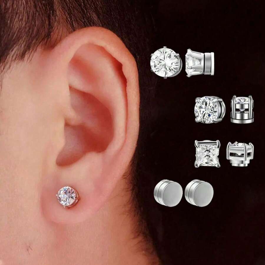 1 Pair Men's Magnetic Earrings, No Piercing Required, Cubic Zirconia Stud Clip-On Earrings - Multicolor - View 1