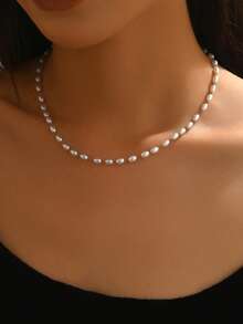 VceTd 2件組浪漫優雅白色米珠鏈條配玫瑰紅水滴吊墜不鏽鋼女款項鍊套組，適合日常配戴、約會或節日禮物 - 金黃色 - 查看 3