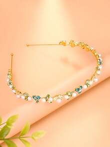 STONEFANS 1pc Fashion Floral Headband Niche Design Rhinestone Head Hoop Minimalist Versatile Accessory Headwear - Gold-painted - View 3