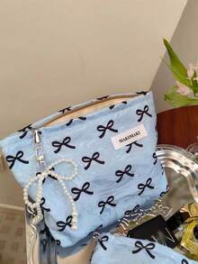 1pc Blue Bow Makeup Bag, Foldable Large Capacity Cosmetic Storage Bag With Smooth Zipper, Portable Personalized Toiletry Bag, Cool Aesthetic Design Storage Bag, Perfect For Autumn/Winter Style, Gift For Girlfriend, Bride, Bridesmaid - Blue Bow - 1pcs (No Pendant) - View 3