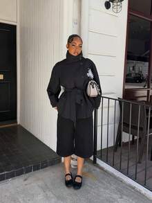 Women's Black High Neck Trench Coat With Belt And Raglan Long Sleeves, Button Front Design, Regular Fit, Autumn/Winter Fashion - Black - View 7