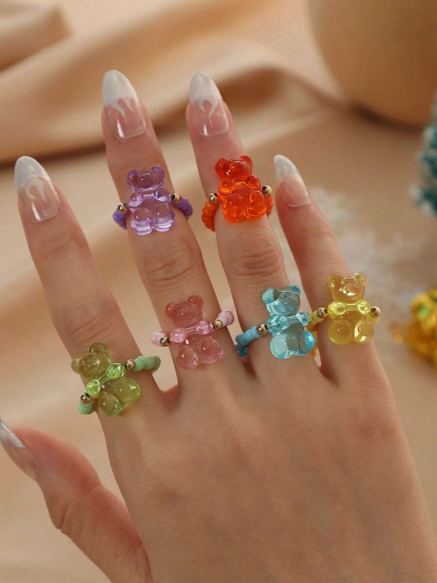 6pcs/Set Girls Colorful Transparent Bear Beaded Ring Set, Macaron Color Elastic Seed Bead Cartoon Cute Sweet Cool Girl Finger Rings - Multicolor - View 1