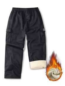 Men's Wool Lined Cargo Jogger Pants, Multi-Pocket Elastic Waist Drawstring Pants, Casual Outdoor Pants, Suitable For Winter Use - Black - View 2