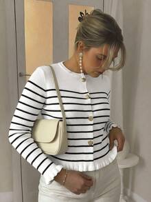 Women's Autumn/Winter New Multi-Color Striped Knit Cardigan, Ruffle Hem And Cuffs, Suitable For Workplace Commute, Office Wear, Business Professional Social Occasions Blouse Top - Black and White - View 10