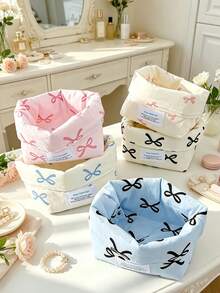 1pc Cute Bow Print Fabric Storage Basket Foldable Desktop Cosmetic Organizer Bin Portable Makeup Holder Box Small Sundries Accessories Storage Bucket - Multicolor - View 2