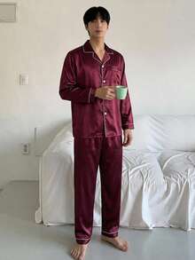 DAZY Men's Sleepwear Set, Long Sleeve Shirt And Long Pants, Minimalist Casual Solid Color Cardigan Button-Up Silk Pajamas - Burgundy - View 3