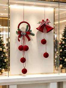 Christmas Red Cute Exquisite Bell Nordic Style Flocked Bow Hanging Ornament, Christmas Window Hanging Decoration - Red - View 8
