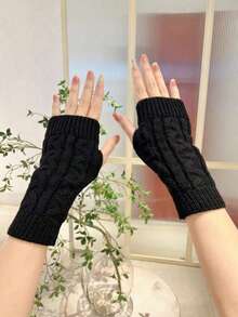 1 Pair Women's Autumn/Winter Warm Knitted Fingerless Writing Gloves, Suitable For Students - A - View 6