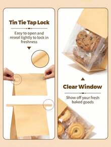 150pcs Small Cookie Bags With Window And Tin Lock, Suitable For Muffins, Snacks, Brownies, Oatmeal - Brown - View 9
