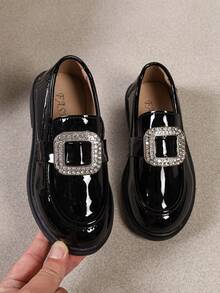 Rongshu Kids' Shiny Black Loafers, Slip-On Casual Shoes With Rhinestone Square Buckle, Suitable For Daily And Formal Occasions - Black - View 2