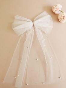 1pc Pearl Mesh Bow Veil, Bridal Headpiece For Wedding Registration And Photo Shoot, Hair Clip Accessory - Beige - View 3