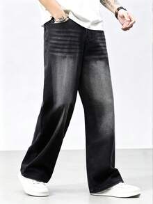 1pc Justice Brother Vintage Washed Loose Wide-Leg Jeans Pants, American Streetwear Style - Black - View 3