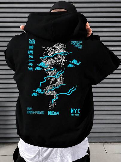 Men's Casual Back Print Hoodie, Dragon Pattern Auspicious Cloud Letter Print Long Sleeve Pullover Sweatshirt, Autumn/Winter Daily Streetwear