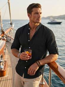 Men's Early Autumn Transitional Solid Color Linen-Feel Stand Collar Single Pocket Roll-Up Long Sleeve Casual Shirt, Minimalist Clean Fit Urban Style, Old Money Quiet Luxury, Beach Yacht Vacation Style - Black and White - View 2
