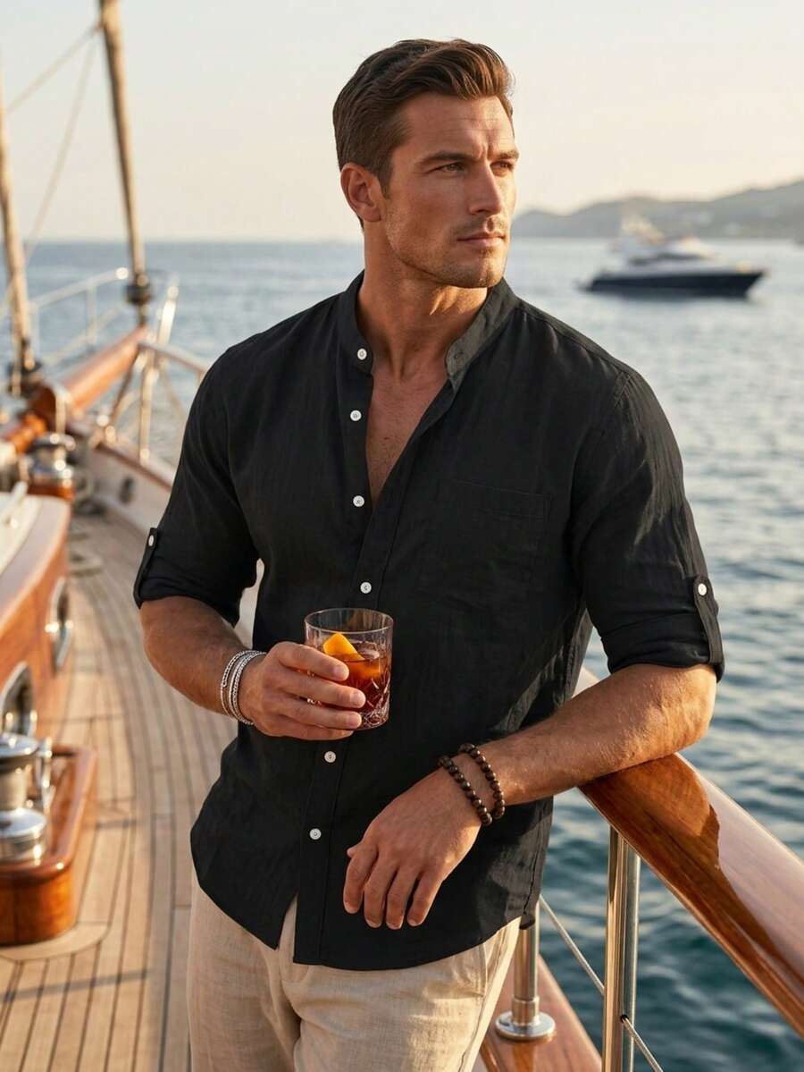 Men's Early Autumn Transitional Solid Color Linen-Feel Stand Collar Single Pocket Roll-Up Long Sleeve Casual Shirt, Minimalist Clean Fit Urban Style, Old Money Quiet Luxury, Beach Yacht Vacation Style