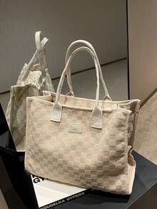 Large Capacity Tote Bag, Checkerboard Embossed Pattern, Minimalist Leather Label Decor, Multi-Compartment Storage Design, Gentle Commuter Style, Handheld Shoulder Bag, Suitable For Work Commute, Student School, Travel Shopping, Daily Versatile Women's Bag - Beige - View 10