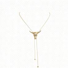 1 pieza Collar bolo vintage de cráneo de toro de cuernos largos estilo occidental, cadena de serpiente ajustable en forma de Y, lazo bohemio, joyería de festival para mujer vaquera - Plateado - Ver 5