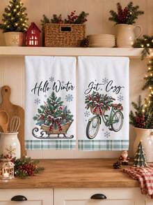 2 Buah Handuk Dapur, Handuk Dapur Motif Kotak-kotak Musim Dingin, Motif Kereta Luncur & Sepeda, Kain Lap Piring, Gaya Pedesaan, Ukuran 40*60cm Persegi Panjang, Handuk Dapur Mikrofiber Lembut, Sempurna untuk Dapur, Ruang Makan, dan Kamar Mandi, Dekorasi Dapur, Dekorasi Rumah, Hadiah Pindah Rumah untuk Tetangga, Kain Lap Piring - Tunas Hijau - View 5