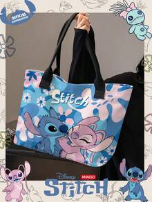 Miniso Tas Tote Kanvas Biru Motif Bunga Disney Stitch & Angel, Tas Bahu Kasual dengan Pegangan, Cocok untuk Penggunaan Sehari-hari - Hitam - View 3