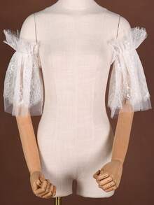 1 Pair White Eyelash Lace Short Flare Sleeve Cuffs, Detachable Bridal Wedding Dress Bubble Sleeves Accessories - White - View 8