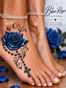 Blue Rose & Cross Temporary Tattoo For Women, Gothic Floral Body Art Sticker, Waterproof Long-Lasting Ankle & Foot Tattoo, Easy To Apply, Romantic Rose Design For Party, Festival, Cosplay & Everyday Style - Multicolor - View 6