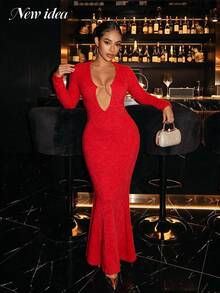 New Idea Women Red Fuzzy Knit Deep Cutout Chain Detail Long Sleeve Mermaid Maxi Dress - Red - View 1